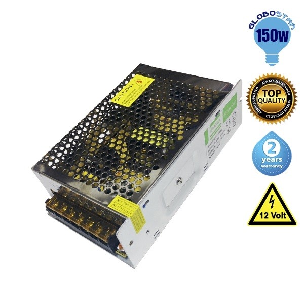 GloboStar® 77930 Μεταλλικό Τροφοδοτικό PELV για Προϊόντα LED 150W 12.5A - AC 220-240V σε DC 12V - IP20 L16 x W10 x H5cm - 2 Years Warranty