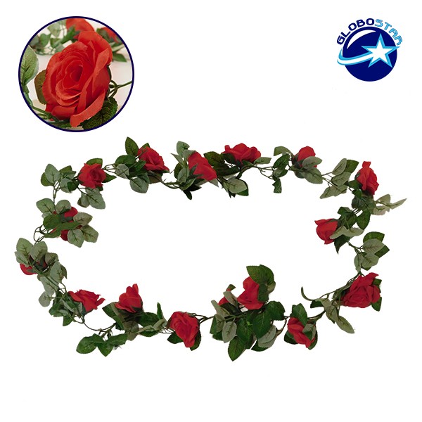 GloboStar® 09007 Τεχνητό Κρεμαστό Φυτό Διακοσμητική Γιρλάντα Μήκους 2 μέτρων με 16 X Μεγάλα Τριαντάφυλλα Κόκκινα