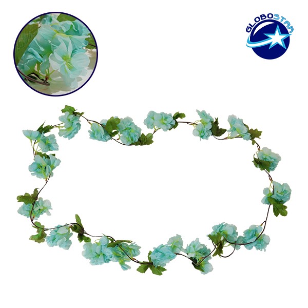 GloboStar® 09023 Τεχνητό Κρεμαστό Φυτό Διακοσμητική Γιρλάντα Μήκους 2.2 μέτρων με 18 X Άνθη Κερασιάς Γαλάζιο