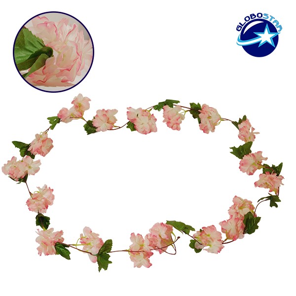 GloboStar® 09024 Τεχνητό Κρεμαστό Φυτό Διακοσμητική Γιρλάντα Μήκους 2.2 μέτρων με 18 X Άνθη Κερασιάς Ροζ Σομόν