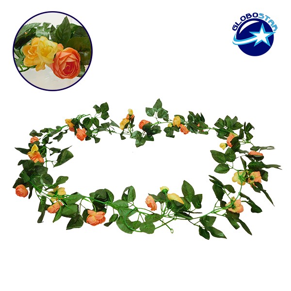 GloboStar® 09013 Τεχνητό Κρεμαστό Φυτό Διακοσμητική Γιρλάντα Μήκους 2.2 μέτρων με 32 X Μικρά Τριαντάφυλλα Πορτοκαλί Σομόν