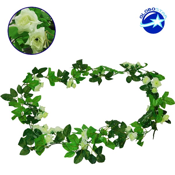 GloboStar® 09019 Τεχνητό Κρεμαστό Φυτό Διακοσμητική Γιρλάντα Μήκους 2.2 μέτρων με 33 X Μικρά Τριαντάφυλλα Πράσινα Λευκά