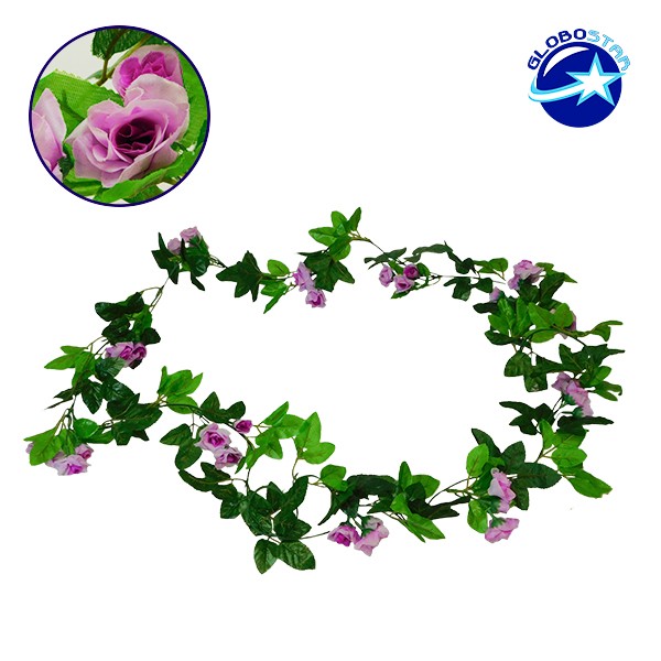 GloboStar® 09016 Τεχνητό Κρεμαστό Φυτό Διακοσμητική Γιρλάντα Μήκους 2.2 μέτρων με 33 X Μικρά Τριαντάφυλλα Μωβ Λευκά