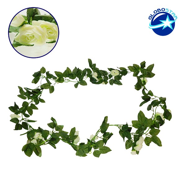 GloboStar® 09012 Τεχνητό Κρεμαστό Φυτό Διακοσμητική Γιρλάντα Μήκους 2.2 μέτρων με 32 X Μικρά Τριαντάφυλλα Λευκά