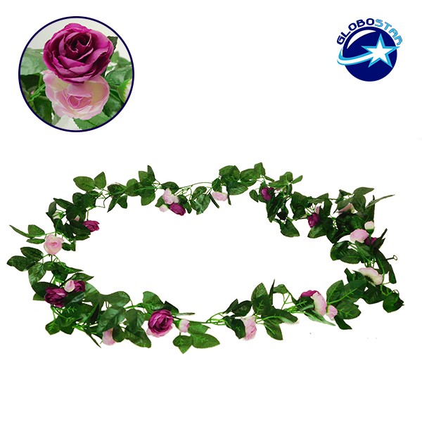 GloboStar® 09010 Τεχνητό Κρεμαστό Φυτό Διακοσμητική Γιρλάντα Μήκους 2.2 μέτρων με 32 X Μικρά Τριαντάφυλλα Μωβ