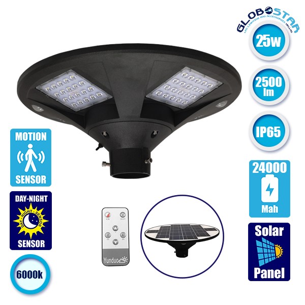 GLOBOSTAR® PARK 12112 Φωτιστικό Κεφαλής Post Top Πλατείας/Πάρκου/Κήπου με Ασύρματο IR Χειριστήριο LED 25W 2000lm 120° με Ενσωματωμένο Φωτοβολταϊκό Panel 6V 20W & Επαναφορτιζόμενη Μπαταρία Li-ion 3.2V 24000mAh με Αισθητήρα Κίνησης-Ημέρας-Νύχτας Αδιάβροχο I