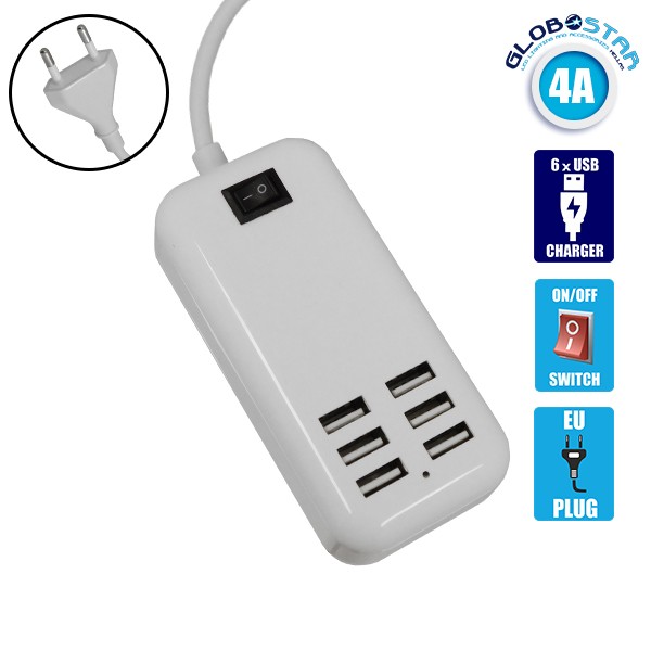Φορτιστής USB 6 Θέσεων με ON / OFF Διακόπτη 4A 20 Watt 5V DC Λευκός GloboStar 69998