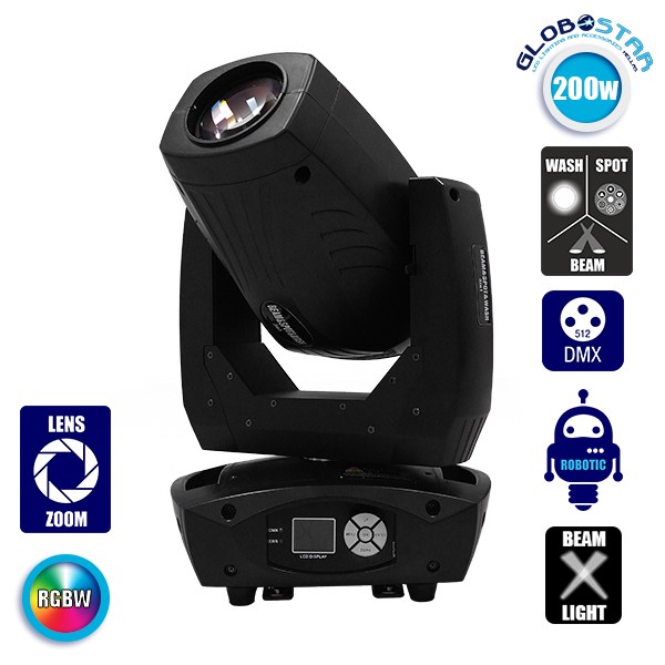 Κινούμενη Ρομποτική Κεφαλή Cyclop PRO 4in1 BEAM - WASH - SPOT - ZOOM 7°-21° 1*200 Watt White 7500K OSRAM LED RGBW 230V DMX512 GloboStar 51154