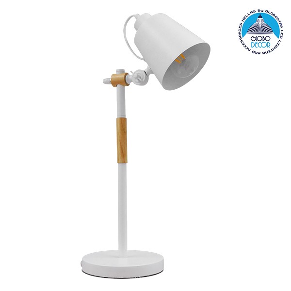 GloboStar® VERITY 01440 Μοντέρνο Επιτραπέζιο Φωτιστικό Πορτατίφ Μονόφωτο Λευκό Μεταλλικό με Ξύλινες Λεπτομέρειες Φ13 x Υ56cm