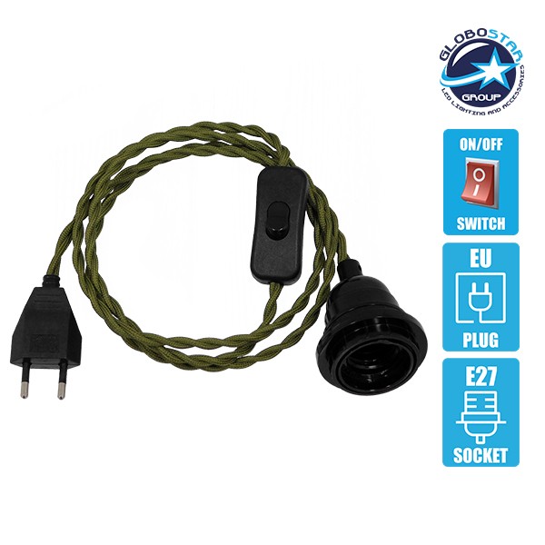 Κρεμαστό Φωτιστικό Whip με Μαύρο Διακόπτη και Μαύρο Ντουί E27 με Μαύρη Ροδέλα για Καπέλο - Μαύρη Πρίζα και Χακί Πλεκτό Καλώδιο 1.4m GloboStar 91031