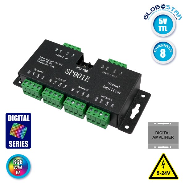 LED Digital RGB Ενισχυτής Σήματος SP901E LED Pixel WS2812B WS2811 SPI Signal Amplifier Repeater 10000 IC Professional Series 5v - 12v - 24v GloboStar 88774