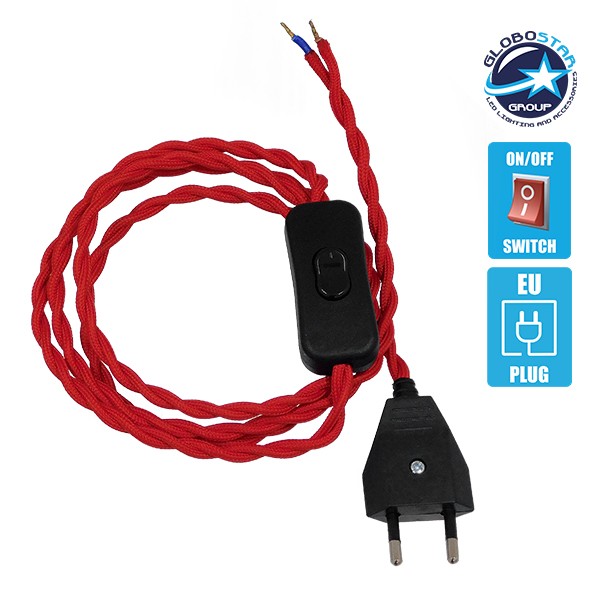 Κρεμαστό Φωτιστικό Whip με Μαύρο Διακόπτη - Μαύρη Πρίζα και Κόκκινο Πλεκτό Καλώδιο 1.4m GloboStar 91034