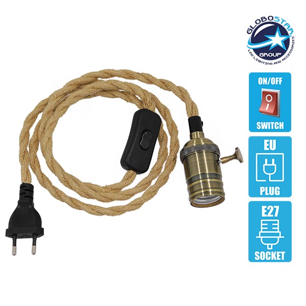 Κρεμαστό Φωτιστικό Whip με Μπρούτζινο Ντουί E27 - Μαύρο Διακόπτη - Μαύρη Πρίζα και Μπέζ Πλεκτό Καλώδιο 1.4m GloboStar 91041