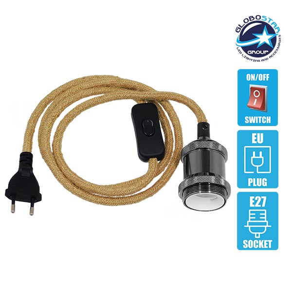 Κρεμαστό Φωτιστικό Whip με Σκούρο Νίκελ Ντουί E27 - Μαύρο Διακόπτη - Μαύρη Πρίζα και Μπέζ Υφασμάτινο Καλώδιο 1.4m GloboStar 91042