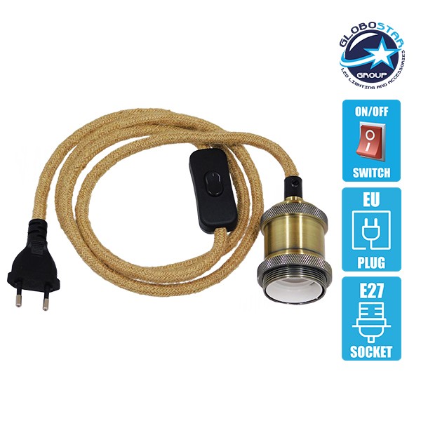Κρεμαστό Φωτιστικό Whip με Χρυσό Ντουί E27 - Μαύρο Διακόπτη - Μαύρη Πρίζα και Μπέζ Υφασμάτινο Καλώδιο 1.4m GloboStar 91044