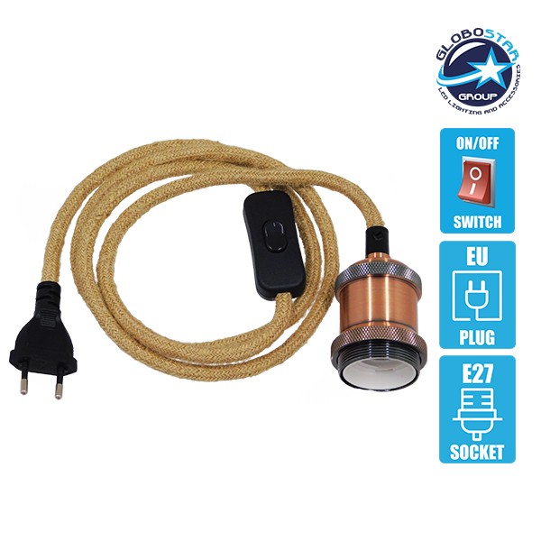 Κρεμαστό Φωτιστικό Whip με Χάλκινο Ντουί E27 - Μαύρο Διακόπτη - Μαύρη Πρίζα και Μπέζ Υφασμάτινο Καλώδιο 1.4m GloboStar 91043