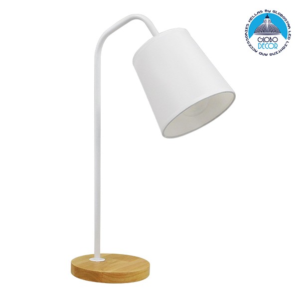 GloboStar® BARNABY 01574 Μοντέρνο Επιτραπέζιο Φωτιστικό Πορτατίφ Μονόφωτο 1 x E27 IP20 Λευκό Μέταλλο, Μπεζ Ξύλο με Λευκό Ύφασμα - Μ15 x Π30 x Υ49cm