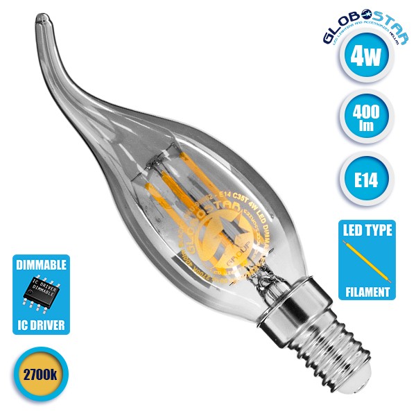 GloboStar® 99062 Λάμπα E14 C35T Κεράκι LED FILAMENT 4W 400 lm 320° AC 85-265V Φλόγα Flame Edison Retro με Φιμέ Γυαλί Θερμό Λευκό 2700 K Dimmable