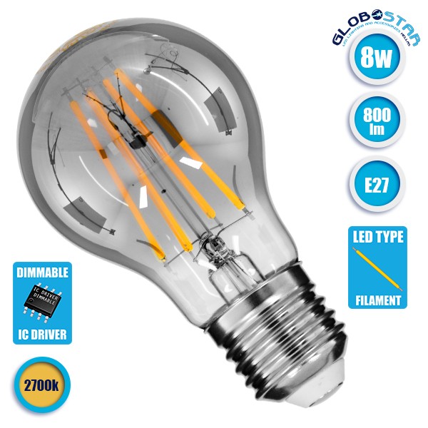 GloboStar® 99067 Λάμπα E27 A60 Γλόμπος LED LONG FILAMENT 8W 800 lm 320° AC 85-265V Edison Retro με Φιμέ Γυαλί Θερμό Λευκό 2700 K Dimmable