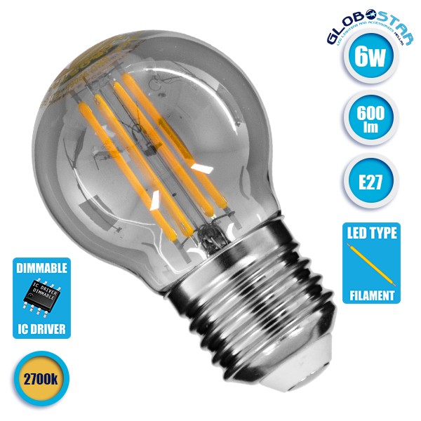 GloboStar® 99065 Λάμπα E27 G45 Γλομπάκι LED LONG FILAMENT 6W 600 lm 320° AC 85-265V Edison Retro με Φιμέ Γυαλί Θερμό Λευκό 2700 K Dimmable