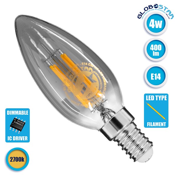 GloboStar® 99061 Λάμπα E14 C35 Κεράκι LED FILAMENT 4W 400 lm 320° AC 85-265V Edison Retro με Φιμέ Γυαλί Θερμό Λευκό 2700 K Dimmable