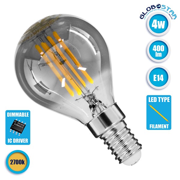 GloboStar® 99063 Λάμπα E14 G45 Γλομπάκι LED FILAMENT 4W 400 lm 320° AC 85-265V Edison Retro με Φιμέ Γυαλί Θερμό Λευκό 2700 K Dimmable