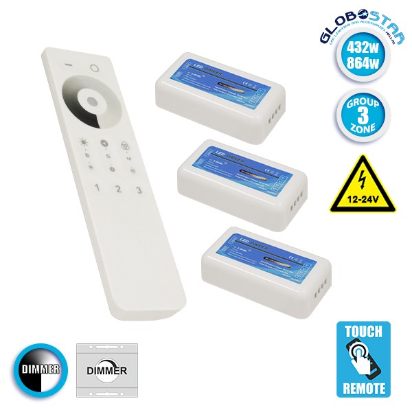Ασύρματο LED Dimmer με Χειριστήριο Αφής 2.4G RF για Τρία Groups 12v (432w) - 24v (864w) DC GloboStar 04238