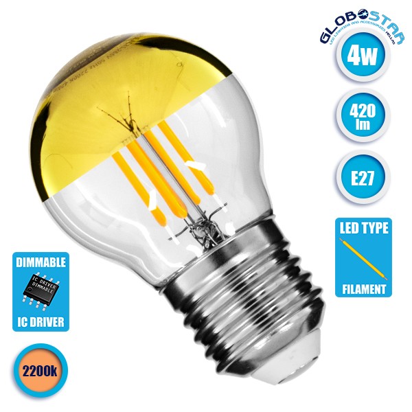GloboStar® 99106 Λάμπα E27 G45 Γλομπάκι με Ανεστραμμένο Χρυσό Καθρέπτη LED FILAMENT 4W 420 lm 320° AC 85-265V Edison Retro με Διάφανο-Χρυσό Γυαλί Ultra Θερμό Λευκό 2200 K Dimmable