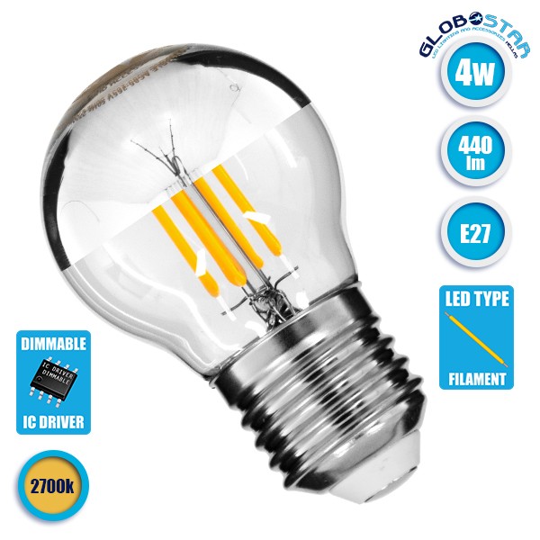 GloboStar® 99102 Λάμπα E27 G45 Γλομπάκι με Ανεστραμμένο Χρώμιο Καθρέπτη LED FILAMENT 4W 440 lm 320° AC 85-265V Edison Retro με Διάφανο-Χρώμιο Γυαλί Θερμό Λευκό 2700 K Dimmable