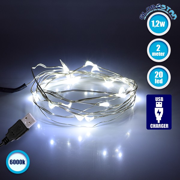GLOBOSTAR® STRINGLIGHT 79730 Γιρλάντα 2m 20 LED 1.2W 96lm 360° DC 5V με USB 2.0 IP20 Ψυχρό Λευκό 6000Κ Dimmable - Ασημί - Μ200 x Π0.6 x Υ0.6cm - 1 Χρόνο Εγγύηση