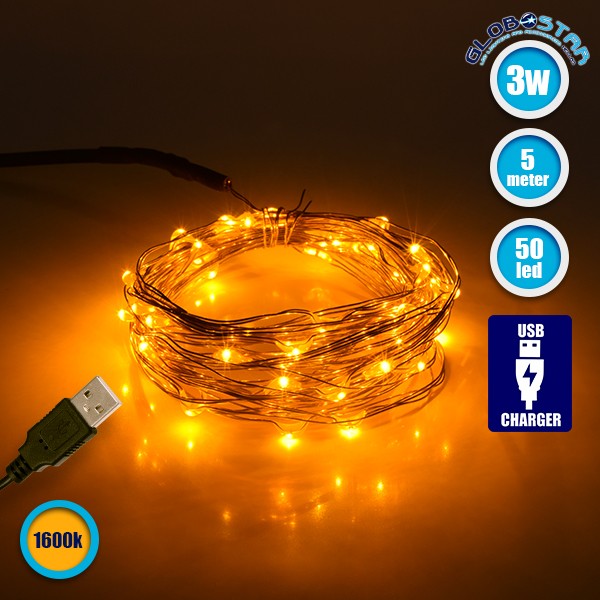 GloboStar®  79711 Διακοσμητική Γιρλάντα 5 Μέτρων 50 LED USB 5 Volt 3 Watt με Χάλκινο Συρμάτινο Καλώδιο Θερμό Λευκό 1600K