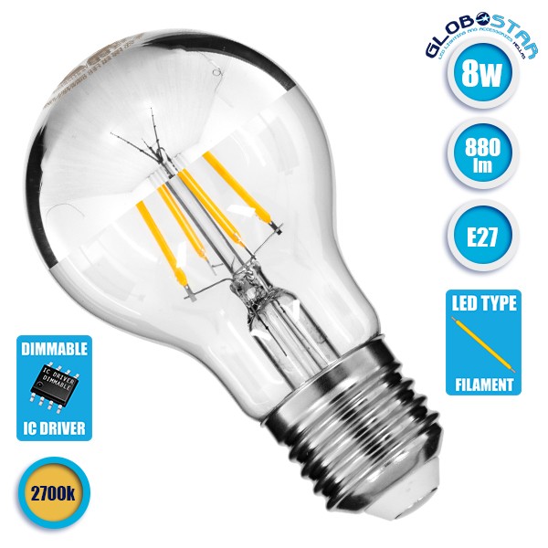 GloboStar® 99103 Λάμπα E27 A60 Γλόμπος με Ανεστραμμένο Χρώμιο Καθρέπτη LED FILAMENT 8W 880 lm 320° AC 85-265V Edison Retro με Διάφανο-Χρώμιο Γυαλί Θερμό Λευκό 2700 K Dimmable