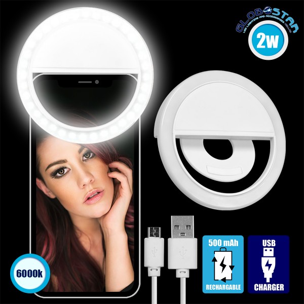 GloboStar® 79042 Selfie Ring Light LED SMD 2W 200 lm Λευκό Σώμα με Ενσωματωμένη Επαναφορτιζόμενη Μπαταρία 500mAh & Καλώδιο Φόρτισης Micro USB Ψυχρό Λευκό 6000 K για Κινητό Τηλέφωνο και Tablet Φ8.5 x Υ2.5cm
