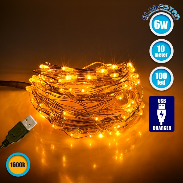 79712 Διακοσμητική Γιρλάντα 10 Μέτρων 100 LED USB 5 Volt 6 Watt με Χάλκινο Συρμάτινο Καλώδιο Θερμό Λευκό 1600K