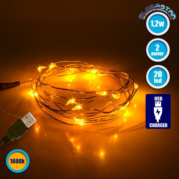 79710 Διακοσμητική Γιρλάντα 2 Μέτρων 20 LED USB 5 Volt 1.2 Watt με Χάλκινο Συρμάτινο Καλώδιο Θερμό Λευκό 1600K