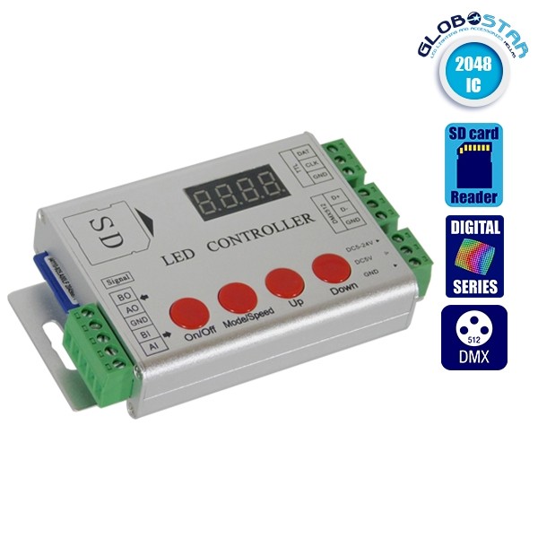 GloboStar® 73444 LED Digital RGB Controller DMX512 & Κάρτα SD για LED Digital RGB Προϊόντα 5v - 12v - 24v  HC03 2048 IC