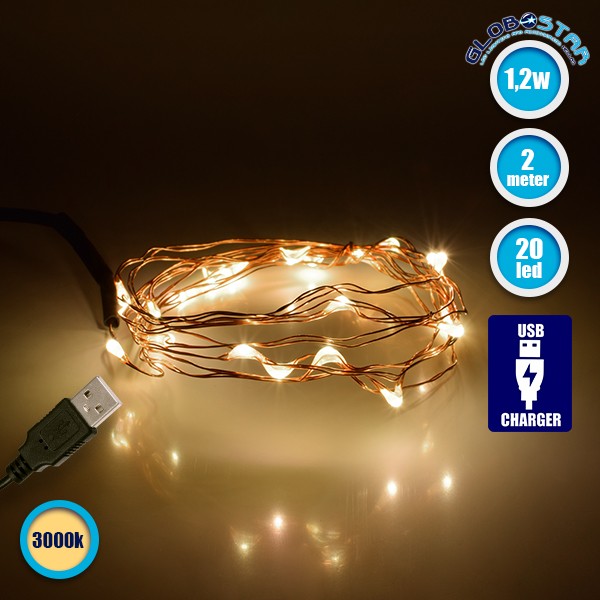 GloboStar® 79720 Διακοσμητική Γιρλάντα 2 Μέτρων 20 LED USB 5 Volt 1.2 Watt με Χάλκινο Συρμάτινο Καλώδιο Θερμό Λευκό 3000K