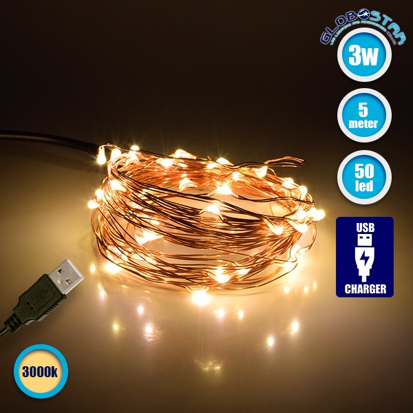 79721 Διακοσμητική Γιρλάντα 5 Μέτρων 50 LED USB 5 Volt 3 Watt με Χάλκινο Συρμάτινο Καλώδιο Θερμό Λευκό 3000K