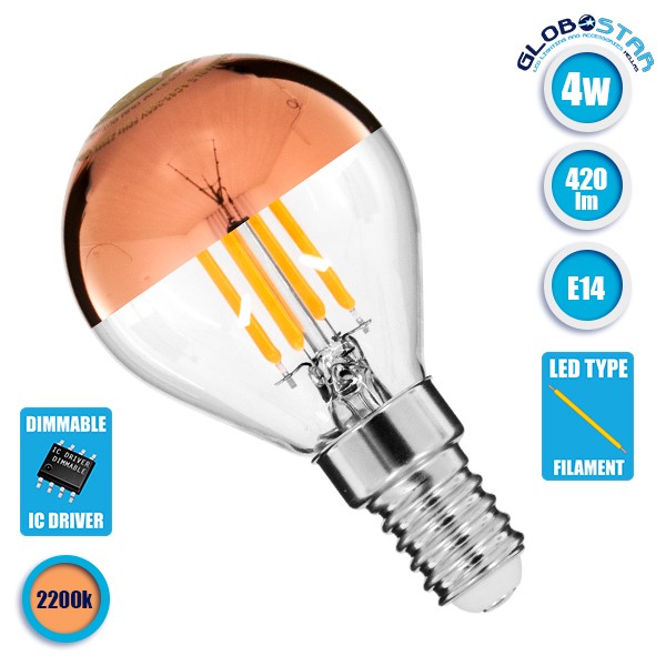 GloboStar® 99109 Λάμπα E14 G45 Γλομπάκι με Ανεστραμμένο Χάλκινο Καθρέπτη LED FILAMENT 4W 420 lm 320° AC 85-265V Edison Retro με Διάφανο-Χάκλινο Γυαλί Ultra Θερμό Λευκό 2200 K Dimmable