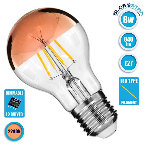 GloboStar® 99111 Λάμπα E27 A60 Γλόμπος με Ανεστραμμένο Χάλκινο Καθρέπτη LED FILAMENT 8W 840 lm 320° AC 85-265V Edison Retro με Διάφανο-Χάκλινο Γυαλί Ultra Θερμό Λευκό 2200 K Dimmable