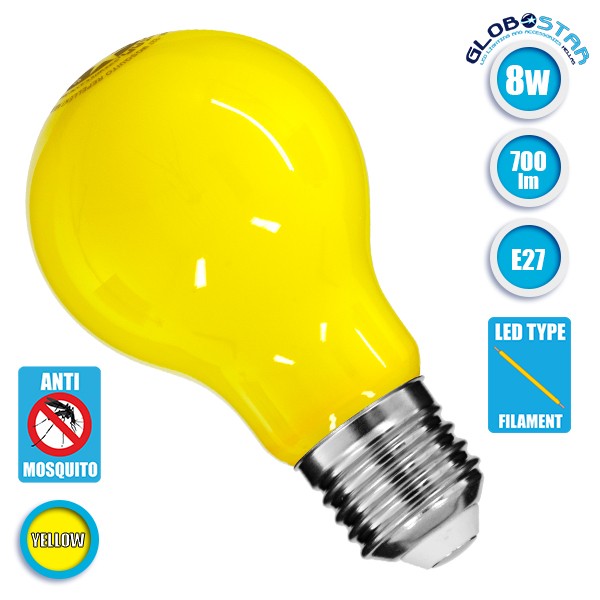 GloboStar® 99241 Λάμπα E27 A60 Γλόμπος LED Mosquito Repellent FILAMENT 8W 700 lm 320° AC 85-265V με Κίτρινο Γυαλί Αντικουνουπική