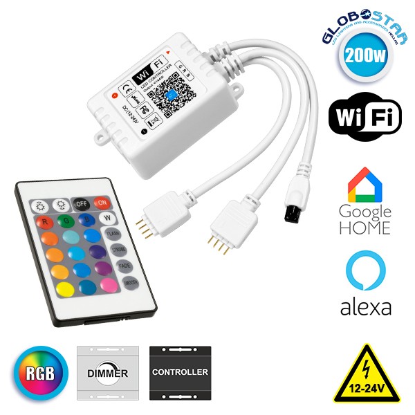 GloboStar® 73411 Ασύρματος Smart Home Wi-Fi LED RGB Controller με 2 Εξόδους RGB και Χειριστήριο IR DC 12V Max 100W - DC 24V Max 200W 