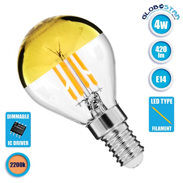 GloboStar® 99105 Λάμπα E14 G45 Γλομπάκι με Ανεστραμμένο Χρυσό Καθρέπτη LED FILAMENT 4W 420 lm 320° AC 85-265V Edison Retro με Διάφανο-Χρυσό Γυαλί Ultra Θερμό Λευκό 2200 K Dimmable