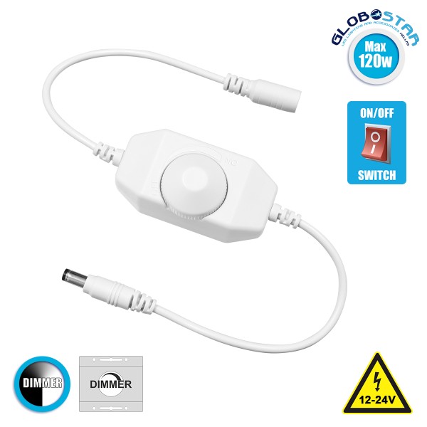 GloboStar® 73305 LED Dimmer με Ροοστάτη & Διακόπτη On/Off Λευκό DC 12-24V Max 120W