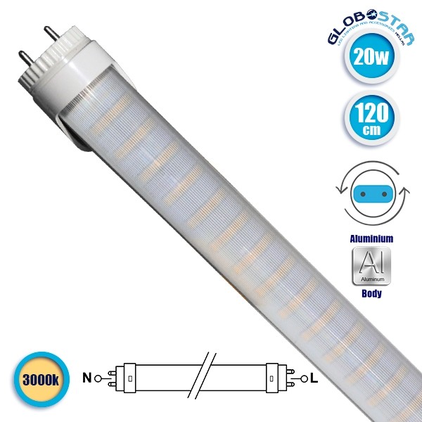 GloboStar® 76185 Λάμπα LED Τύπου Φθορίου T8 Αλουμινίου Τροφοδοσίας Δύο Άκρων 120cm 20W 230V 1800lm 180° με Καθαρό Κάλυμμα Θερμό Λευκό 3000K