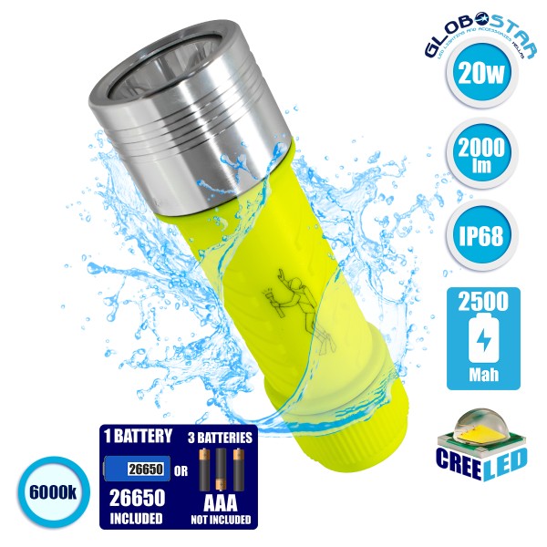 GloboStar® 79031 EXTREME Αδιάβροχος Φορητός Επαναφορτιζόμενος Φακός LED CREE XHP50 20W 2000lm & 1 x Μπαταρία 26650 2500mAh Li-ion IP68 Ψυχρό Λευκό 6000K