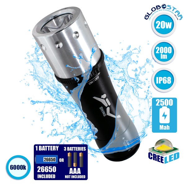 GloboStar® 79032 EXTREME Αδιάβροχος Φορητός Επαναφορτιζόμενος Φακός LED CREE XHP50 20W 2000lm & 1 x Μπαταρία 26650 2500mAh Li-ion IP68 Ψυχρό Λευκό 6000K