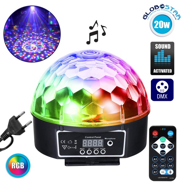 GloboStar® 79602 LED Party Disco Μπάλα με Περιστρεφόμενα Φωτορυθμικά Εφέ Πολύχρωμη RGB DMX512 20W με Sound Control Activated Εφέ και με Ασύρματο Χειριστήριο AC 230V IP20 Φ17 x Υ15cm