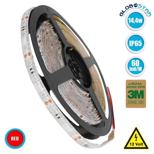 GLOBOSTAR® LUMAR 70124 Ταινία LED 14.4W/m 936lm/m 120° DC 12V Αδιάβροχη IP65 60 x SMD5050 Chip/m Κόκκινο Dimmable - Sanan SMD Chip - Μ500 x Π1 x Υ0.2cm - Ρολό 5 Μέτρων - 5 Χρόνια Εγγύηση