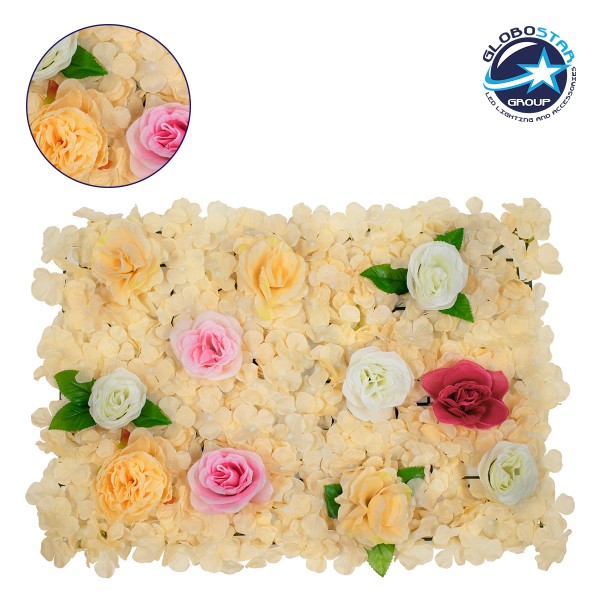 GloboStar® 78308 Συνθετικό Πάνελ Λουλουδιών - Κάθετος Κήπος Τριαντάφυλλο - Ορτανσία - Παιώνια Μ60 x Υ40 x Π7cm